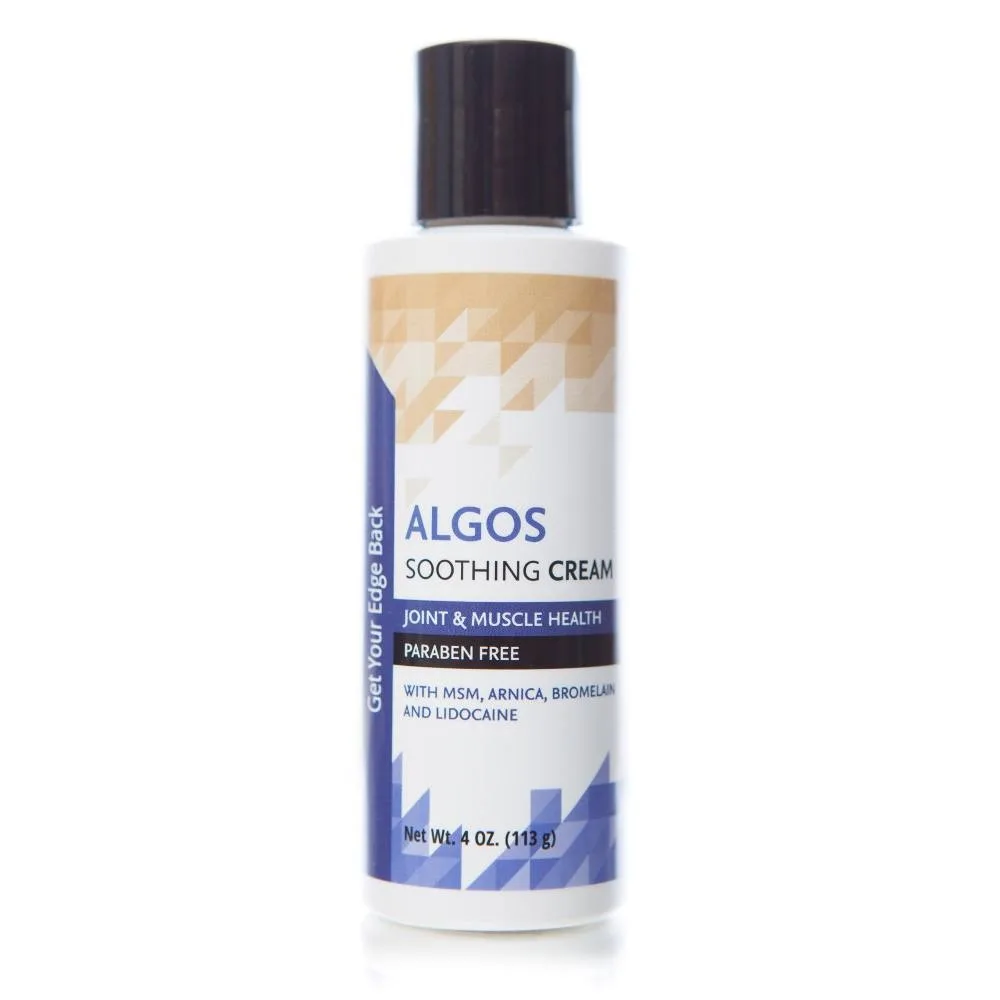 White 4 oz plastic bottle with flip-top cap and Algos Soothing Cream label