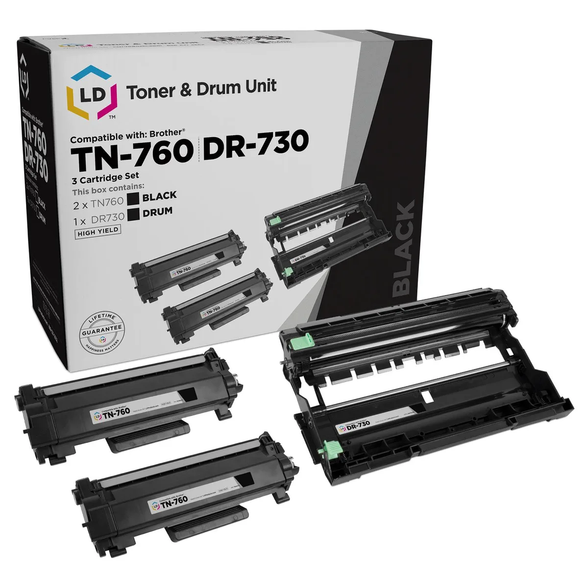 LD Products LD Products Compatible TN760 Black Toner &amp; DR730 Drum 3-Pack (2 Toners 1 Drum) — product photo
