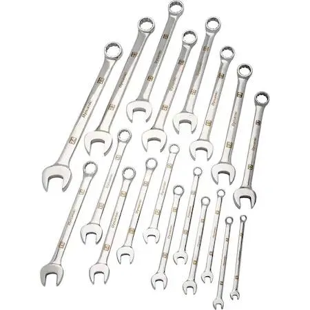 Nineteen metric combination wrenches in mirror chrome finish, 6 to 24mm, in canvas roll