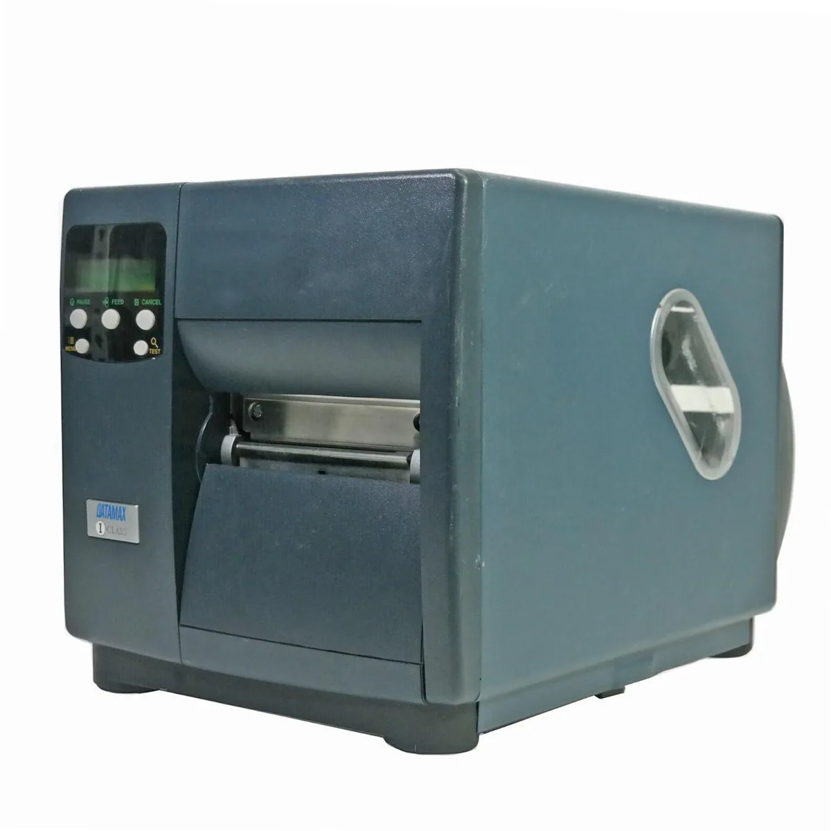 Grey rectangular industrial barcode printer with front label window and side media roll holder