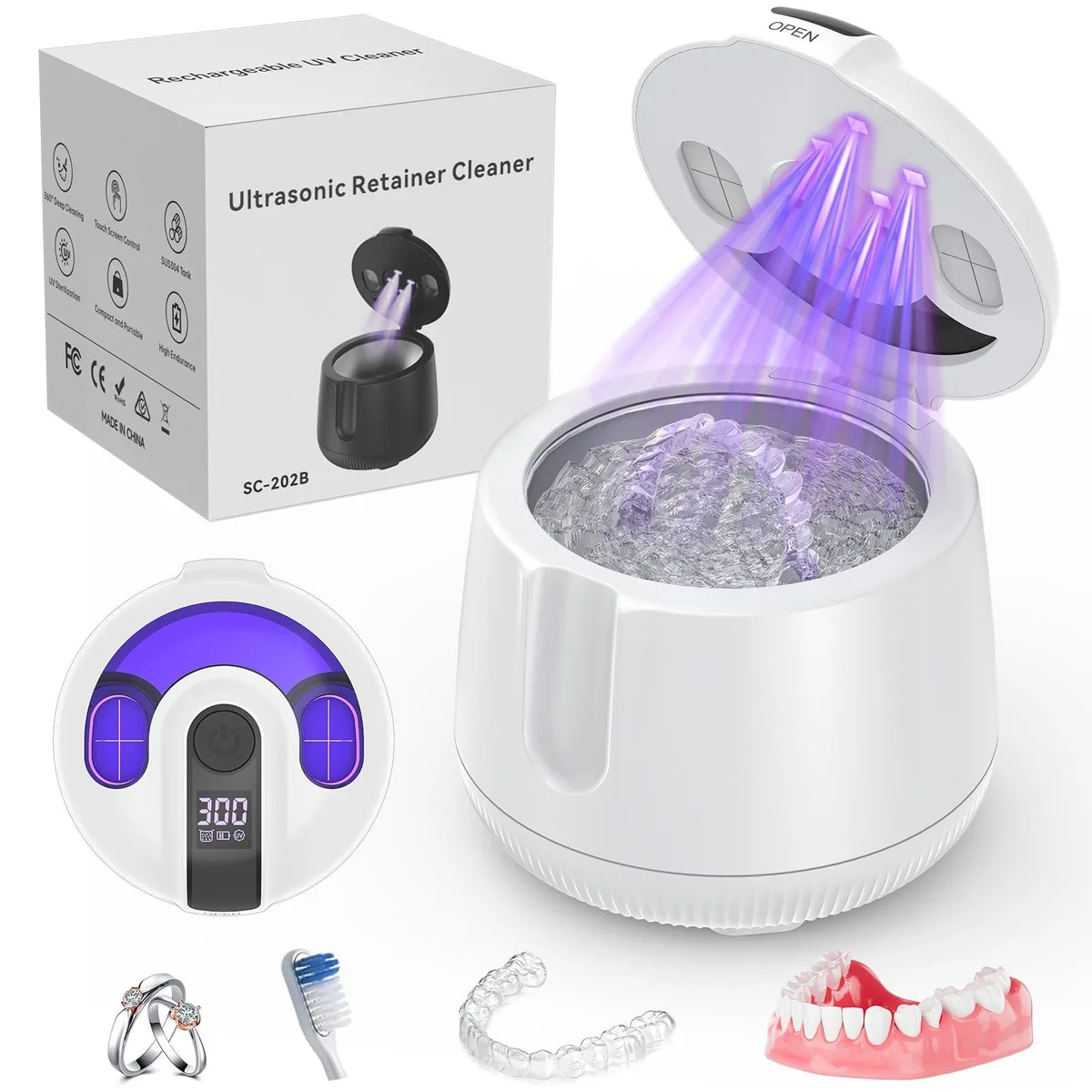 White cordless ultrasonic cleaning pod with lid, 200 ml stainless tank, UV lights underneath