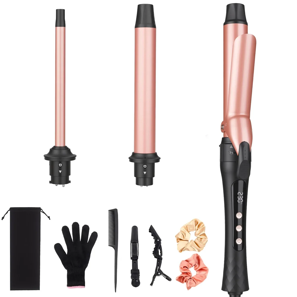 Rose gold 3-in-1 curling iron set with three interchangeable ceramic barrels and LCD display