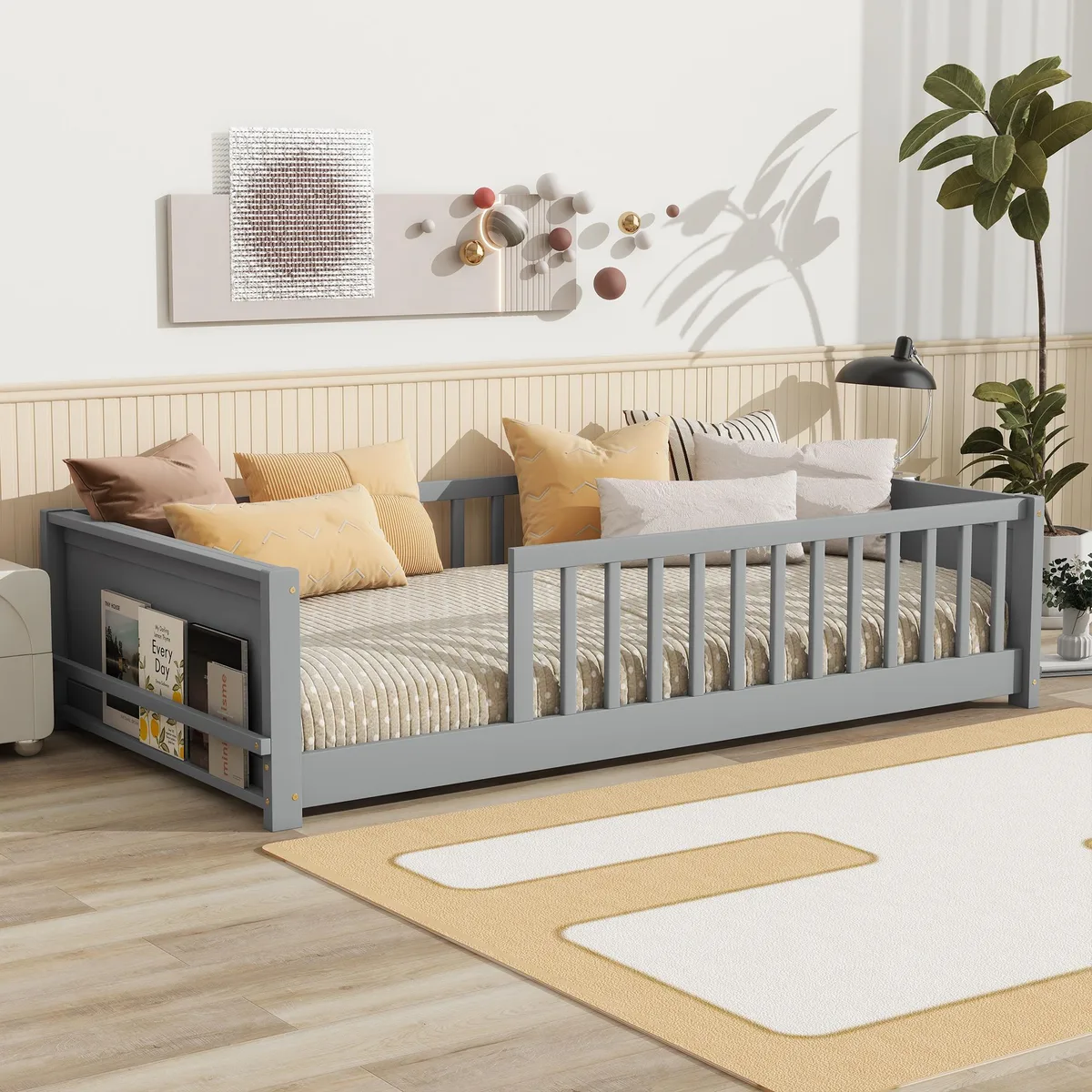 Low grey wooden twin floor bed with built-in book rack and guardrails