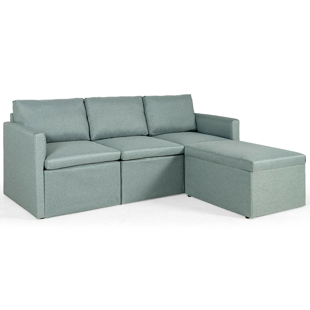 Green fabric L-shaped sectional with right-facing chaise, corner unit, armless seat and ottoman