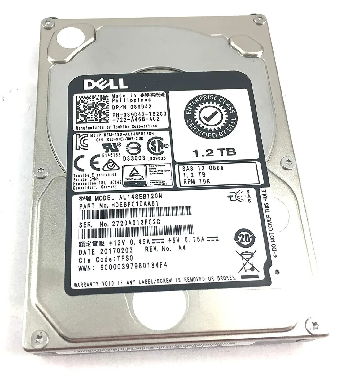 DELL DELL 89D42 1.2TB 12Gbps 10.5K 2.5 SFF Enterprise SAS internal hard drive — product photo