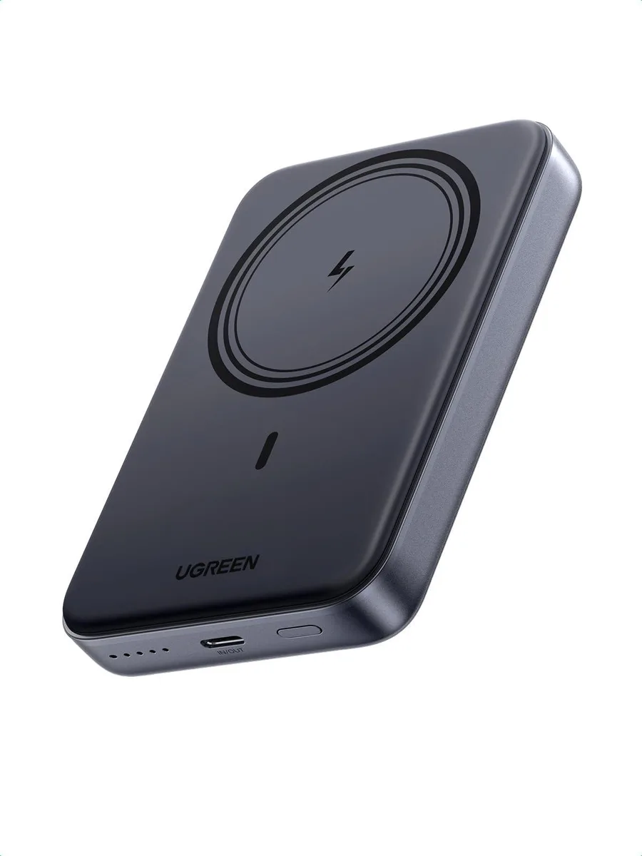 Black rectangular power bank with soft silicone finish and magnetic back