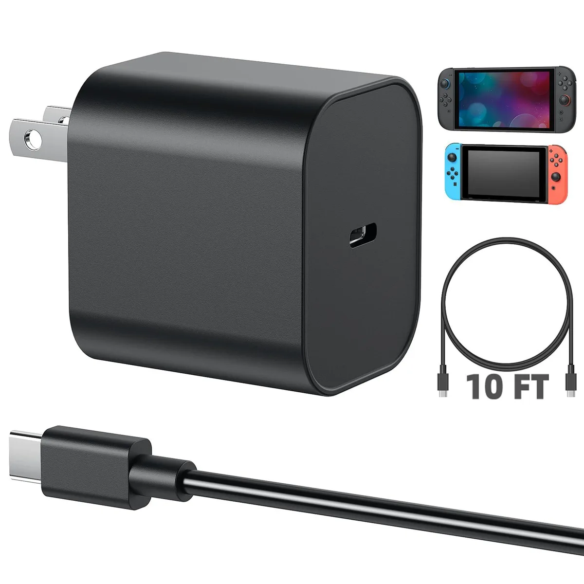 Black USB-C power adapter with 10 ft cable