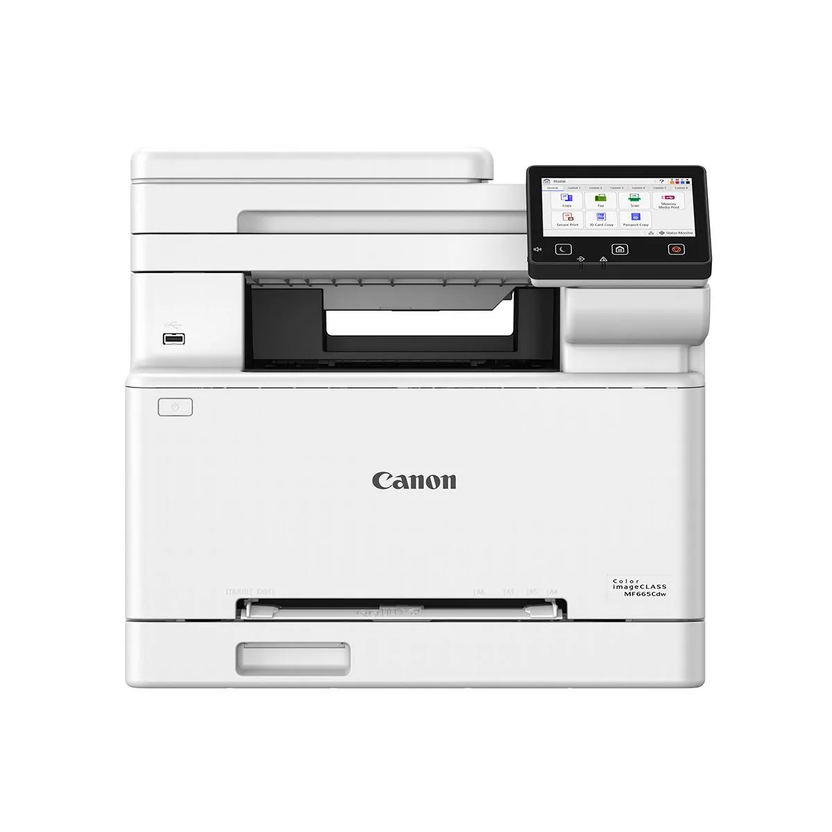 White rectangular colour laser all-in-one printer with 5-inch colour touchscreen and automatic document feeder on top