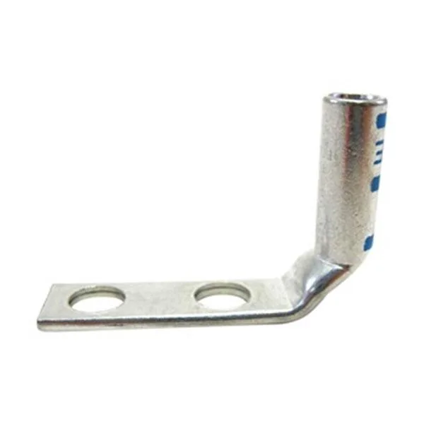 Angled copper lug, blue colour code, two mounting holes
