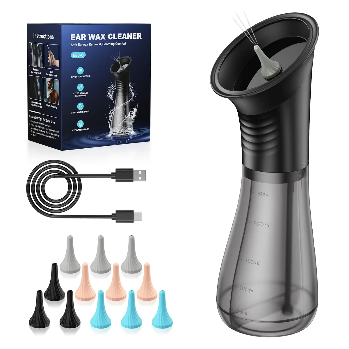  XIENORTINM Ear Care Black 230ml Tank 12 Nozzles 5000mAh IPX7 — product photo