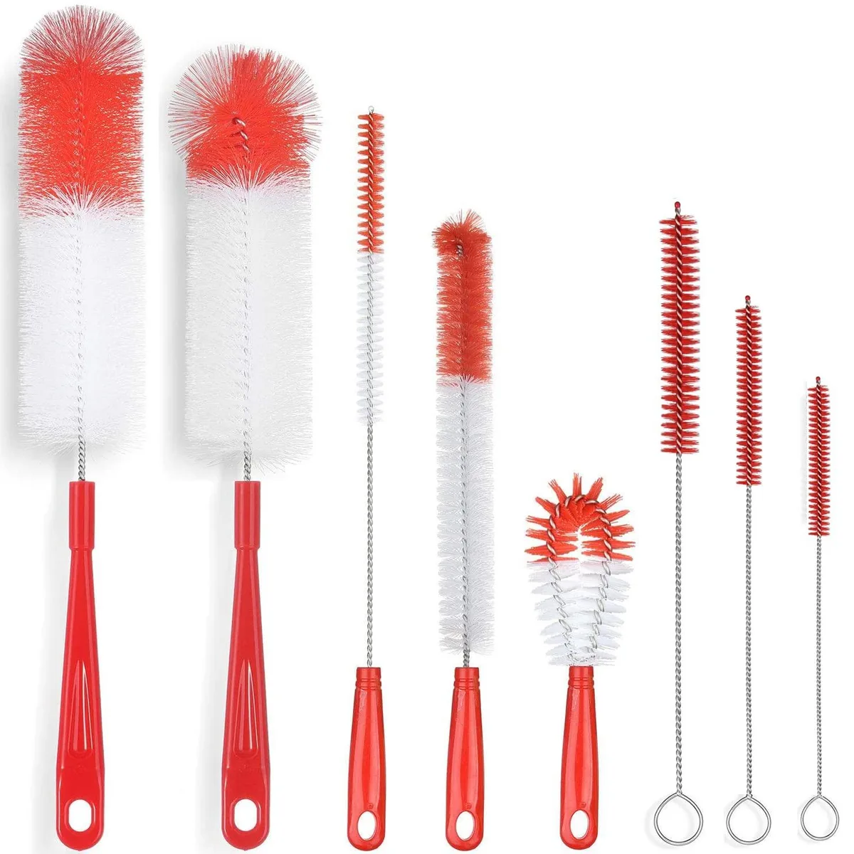 Eight red bottle brushes with long handles and hanging holes