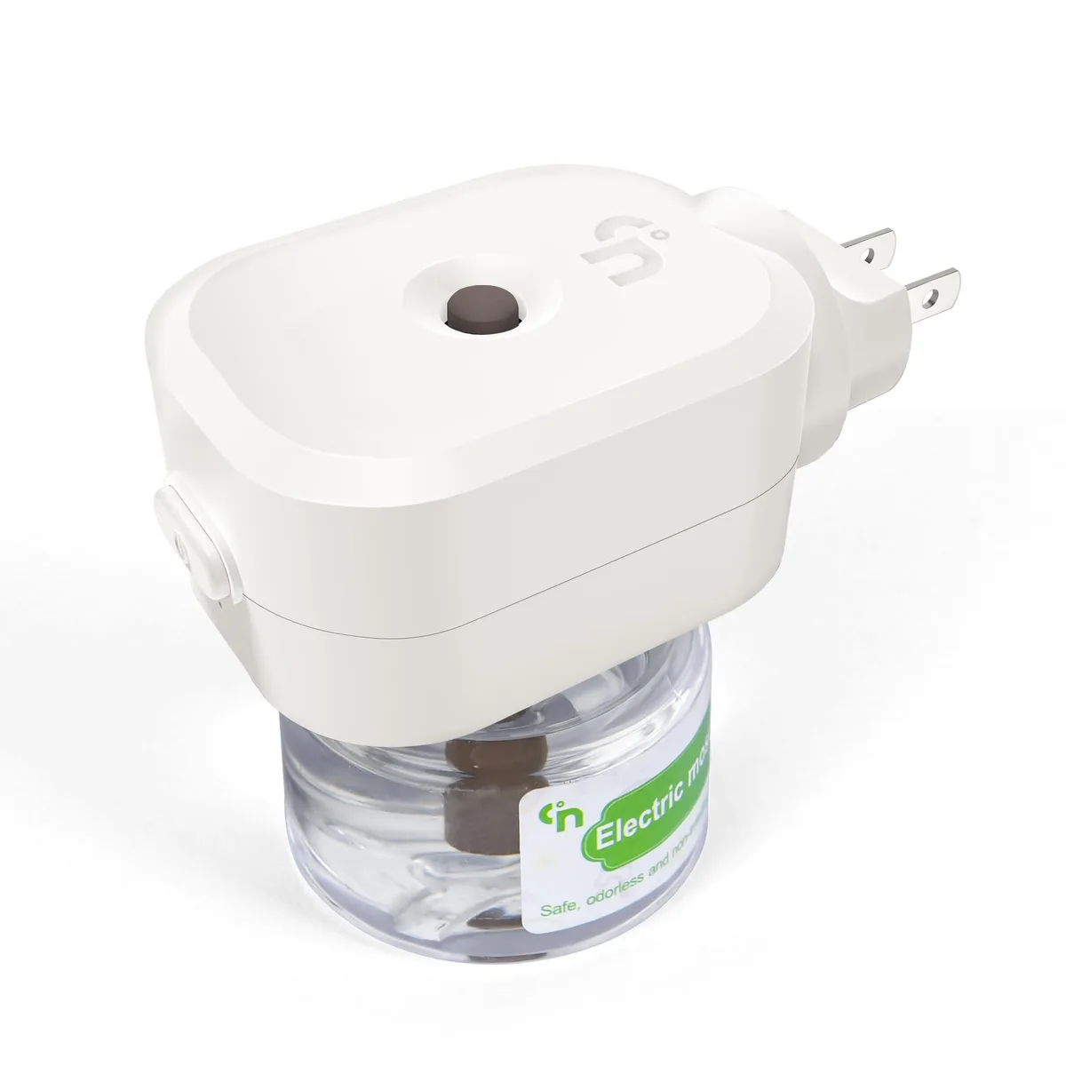 White plastic plug-in mosquito repeller with upright liquid refill bottle and 90-degree rotatable prongs