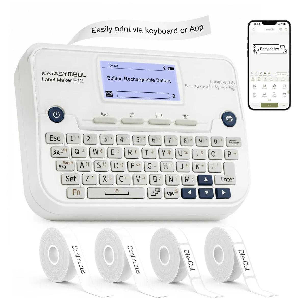 White rectangular label printer with built-in keyboard and backlit LCD screen, four tape rolls included