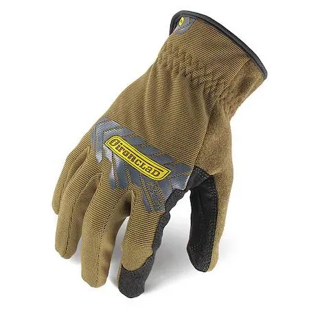 Brown synthetic-leather palm mechanics gloves with polyester back and shirred cuff