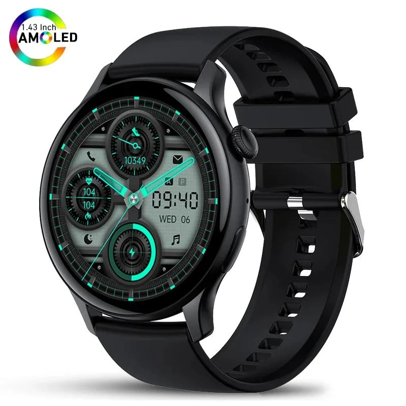 Round black smartwatch with metal link bracelet and AMOLED screen