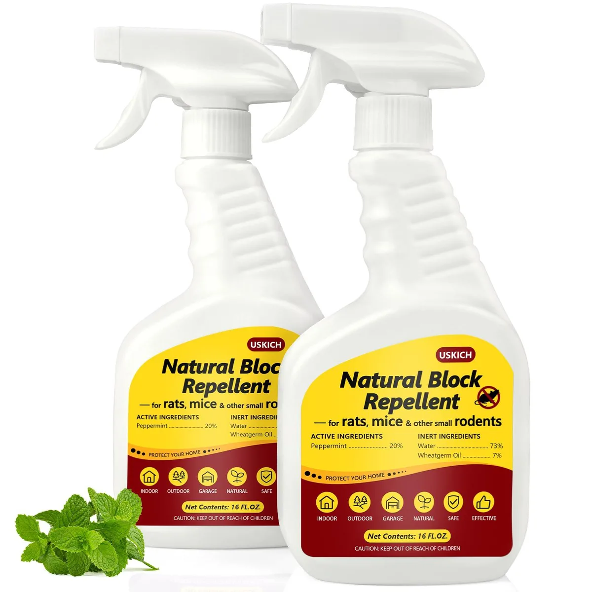 Two 16 oz spray bottles with trigger nozzles, white labels showing peppermint oil rodent repellent branding