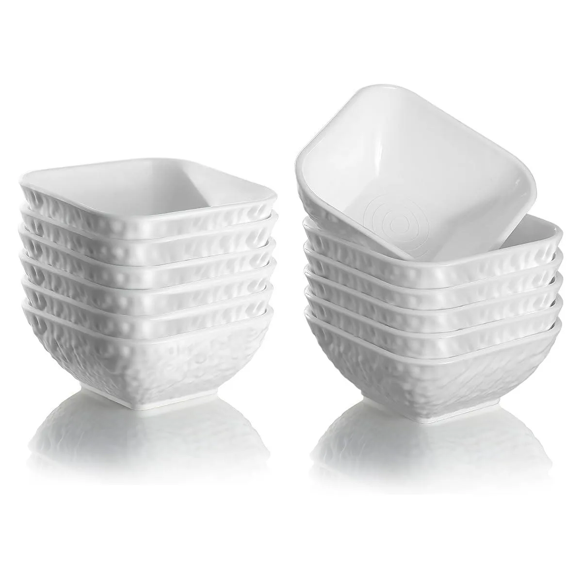 Twelve clear ceramic dip bowls, striped Art Deco design, 3.77 inches square, 1.61 inches deep