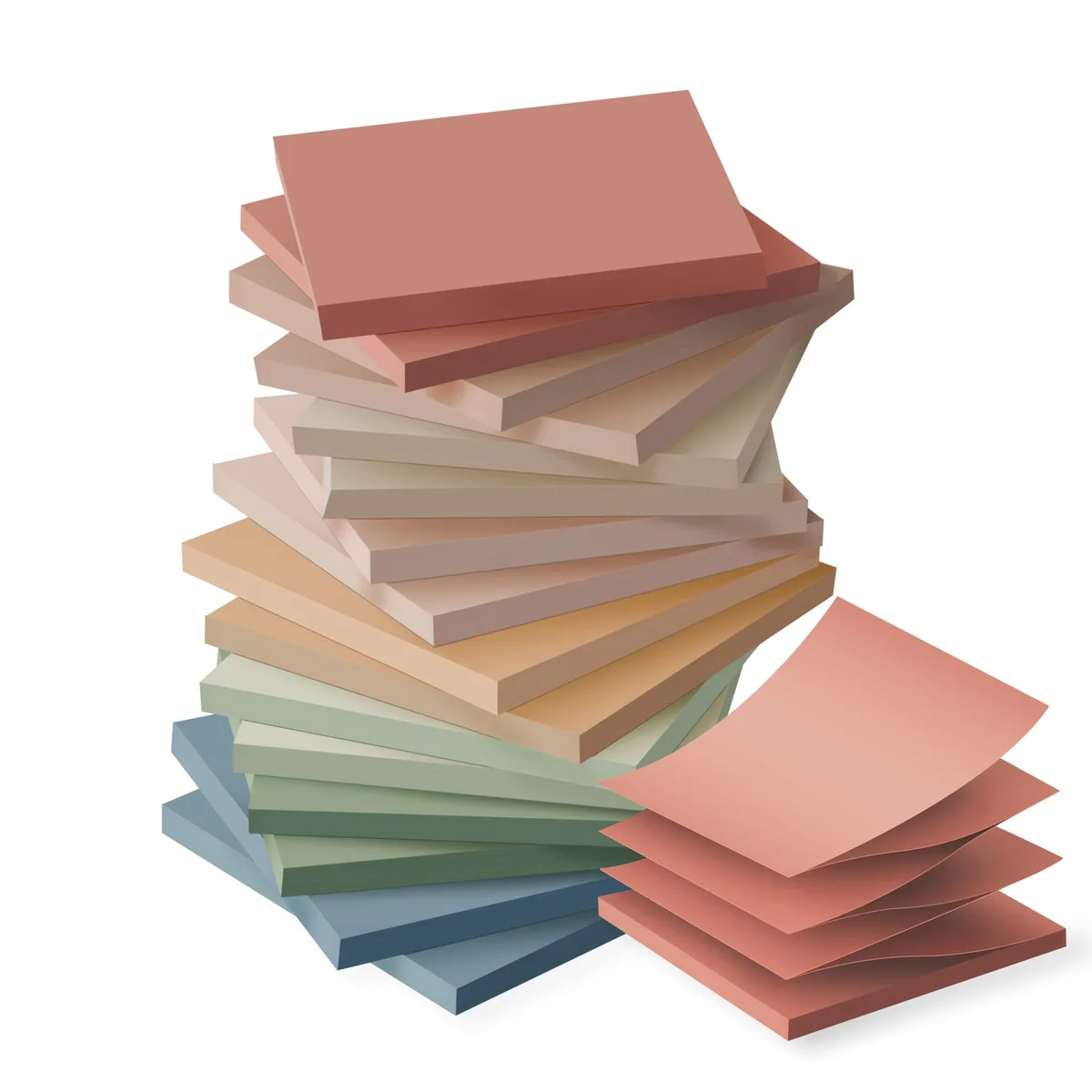 Sixteen square pop-up sticky-note pads in vintage colours, accordion stacked in a rectangular box