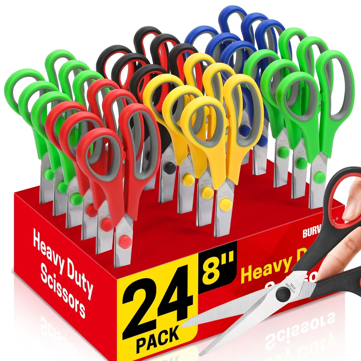 Twenty-four eight-inch stainless steel scissors with soft-grip handles in assorted colours, bulk packed