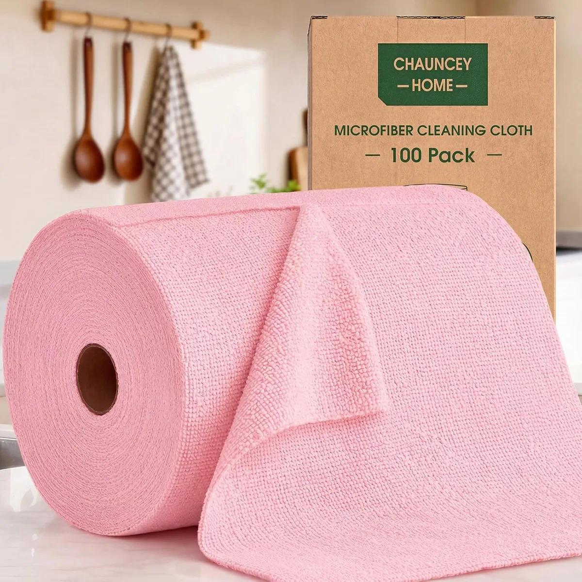 Roll of 100 tear-away microfiber cloths, pink, 9.8 inch squares