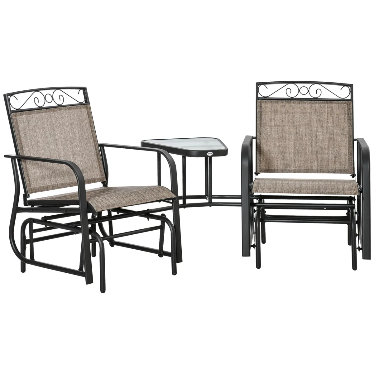 Brown steel glider chair set with two sling seats and center coffee table