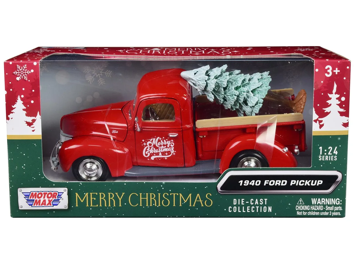 MOTORMAX MOTORMAX 1940 Ford Pickup Truck Red Merry Christmas with Tree Accessory 1/24 Die Cast Hobby Collectible — product photo