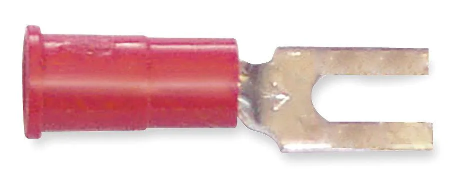 Red vinyl-insulated fork terminal with tin-plated copper barrel, #6 stud size, 18 AWG, .25 in tongue