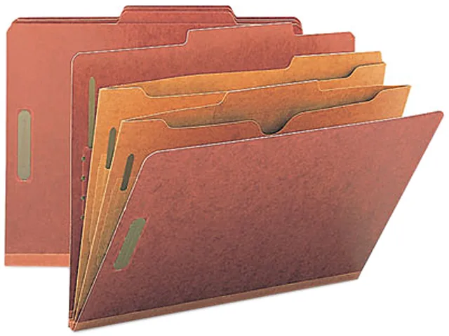Red pressboard file folders with two pocket dividers six-section letter size box of ten