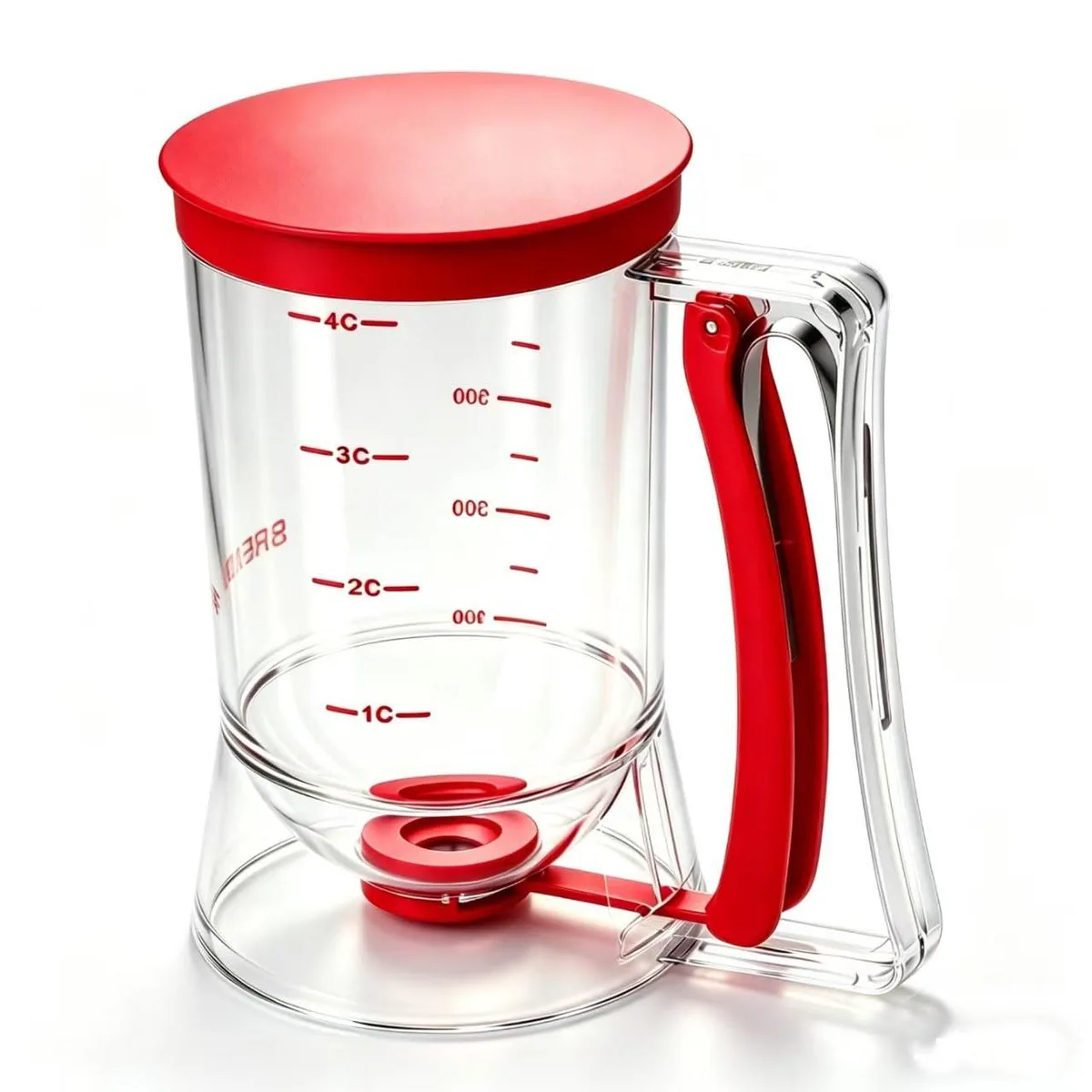 Red 4-cup batter dispenser with squeeze handle and measuring marks