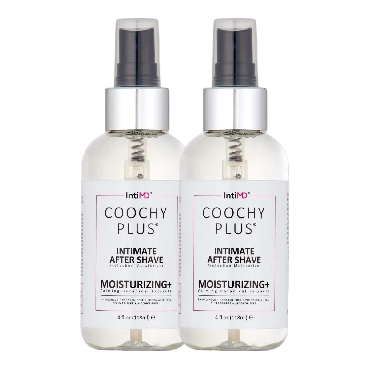 Two white mist spray bottles with pink caps and labels