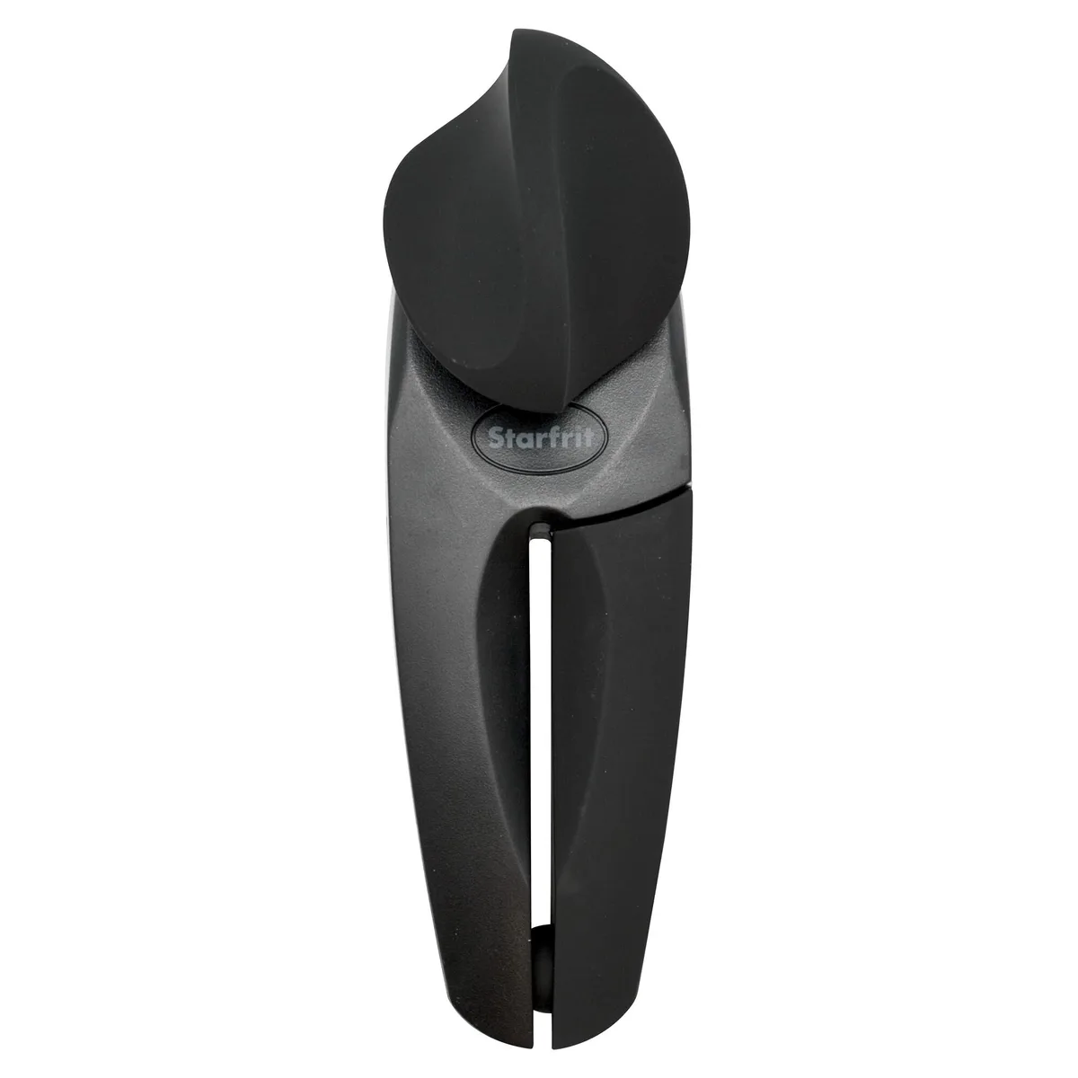 Black manual can opener, 18 cm, stainless steel body with soft-touch grip and knob