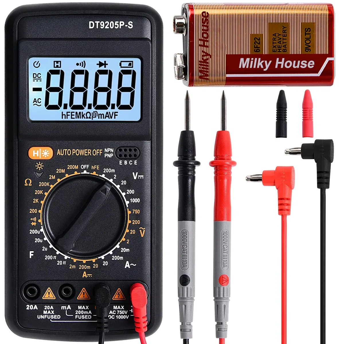 Compact yellow digital multimeter with 15mm LCD screen, test leads and rubberised grip