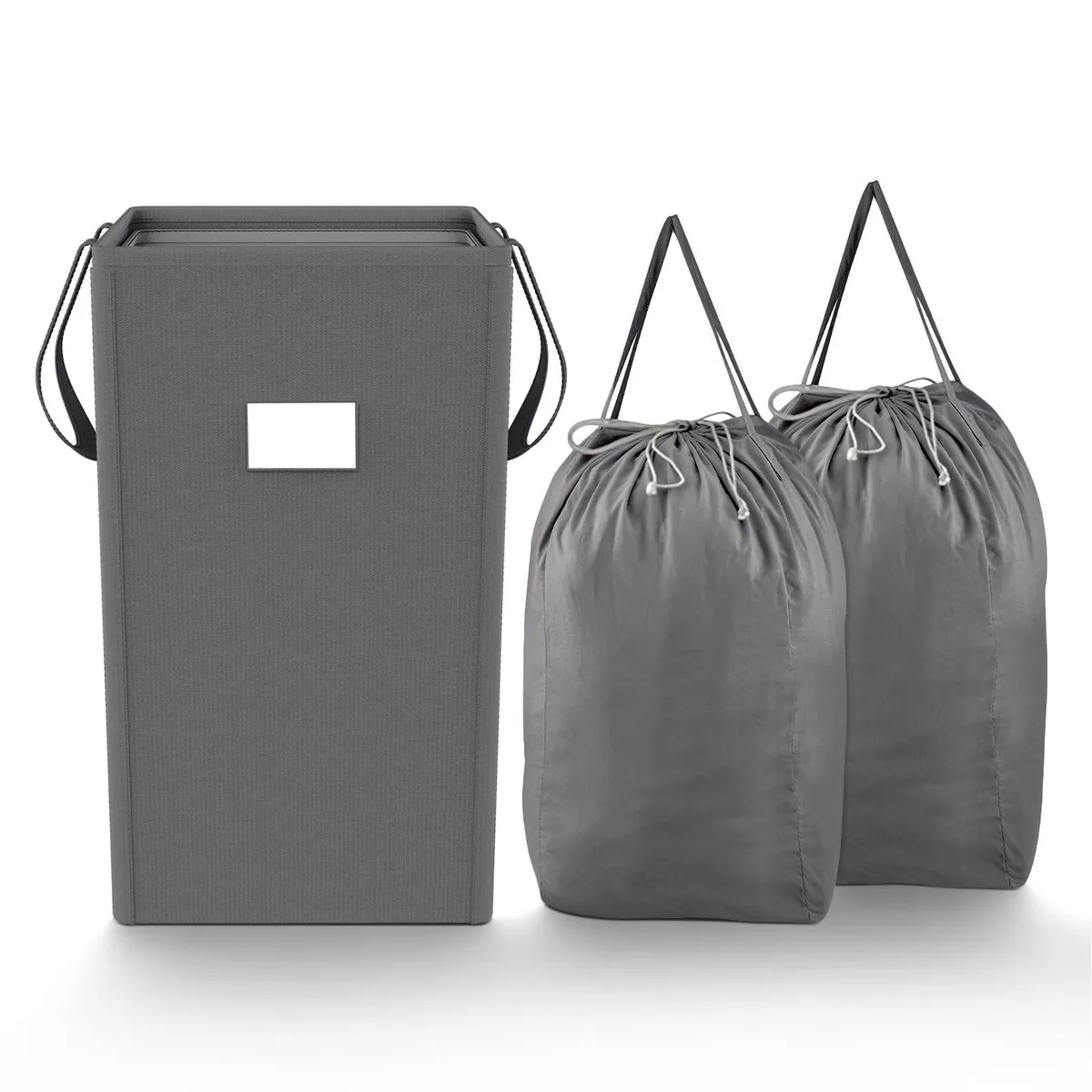 Grey collapsible laundry hamper with lid, two removable washable bags, side handles and front sorting card pocket