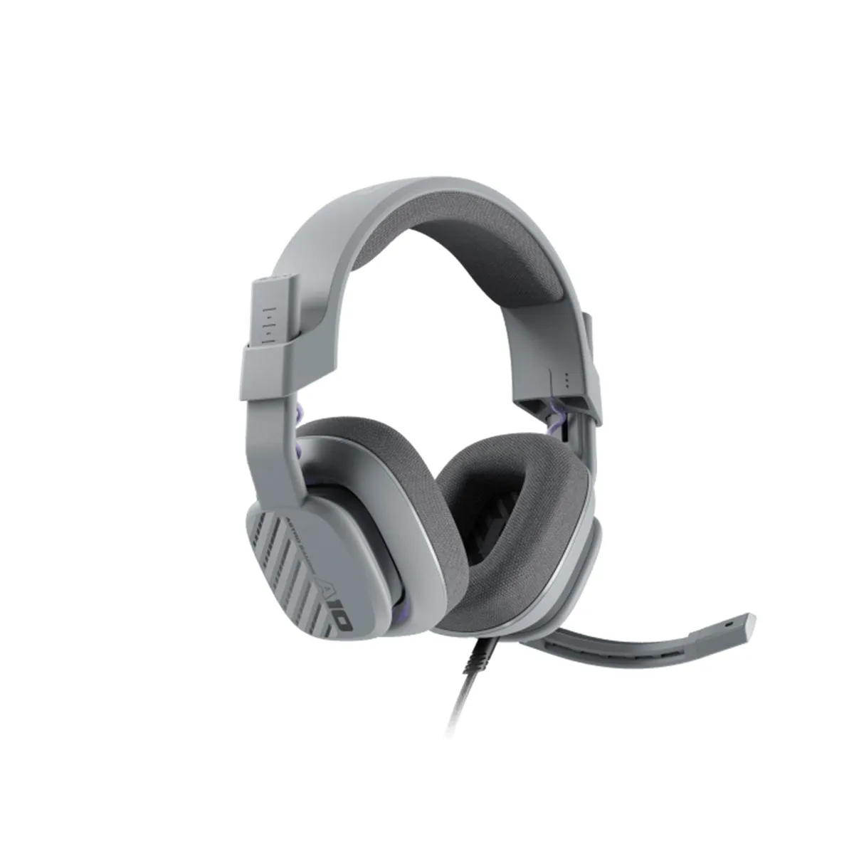 Grey wired gaming headset with on-ear cushions and flip-up microphone