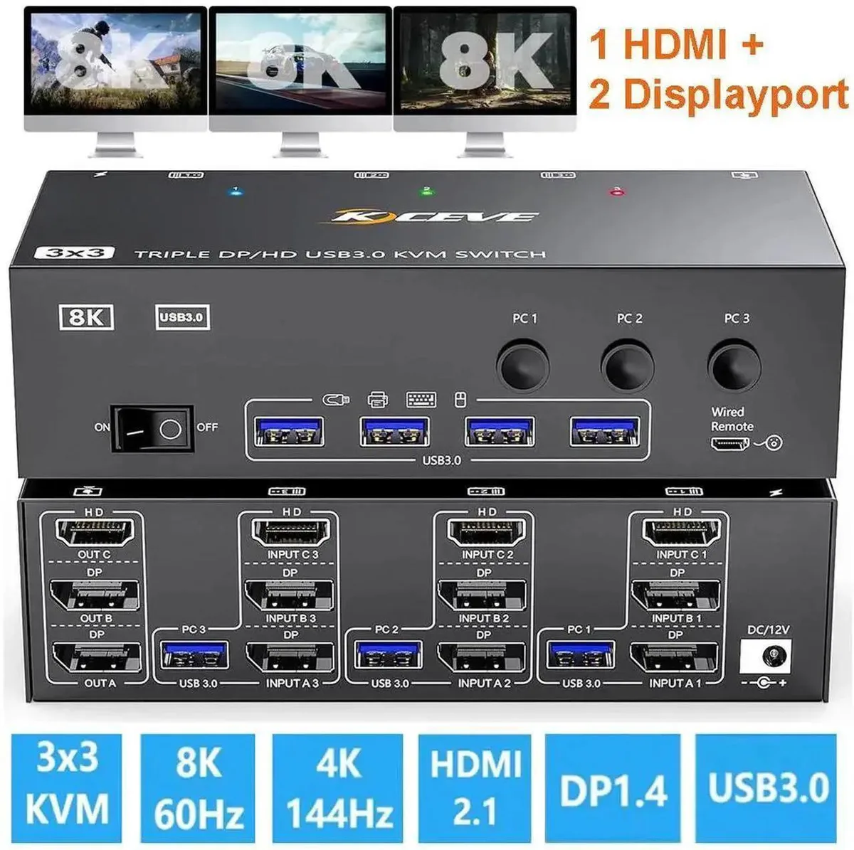 Vszerda Vszerda 3×3 KVM Switch 8K@60Hz HDMI 2×DP 4×USB 3.0 Wired Remote — product photo