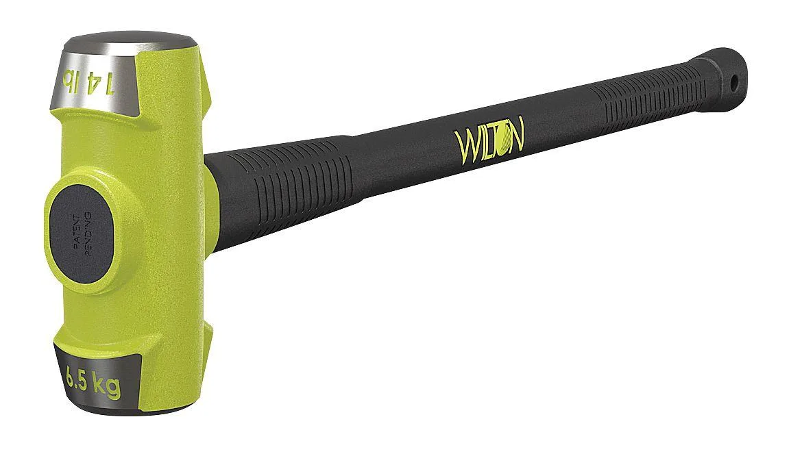Large black steel sledge hammer with textured rubber grip and lanyard hole, 14 lb head, 36 in handle, 38 in overall length