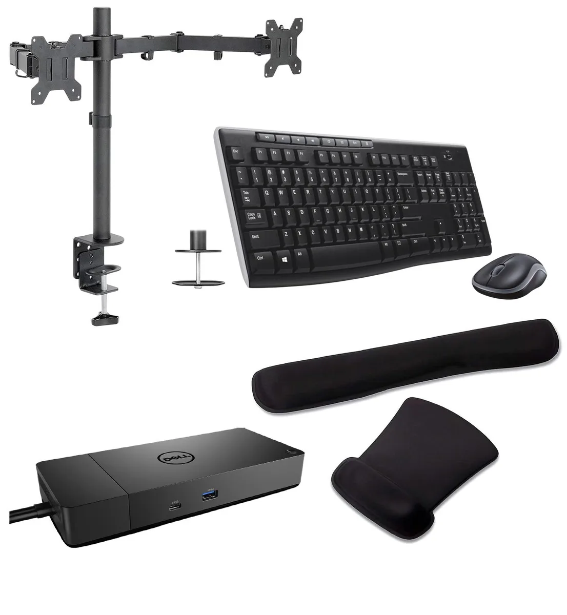 DELL DELL WD19DCS USB-C Dock 210W Triple 4K Bundle with Dual Monitor Stand MK270 Keyboard Mouse Gel Wrist Pad — product photo