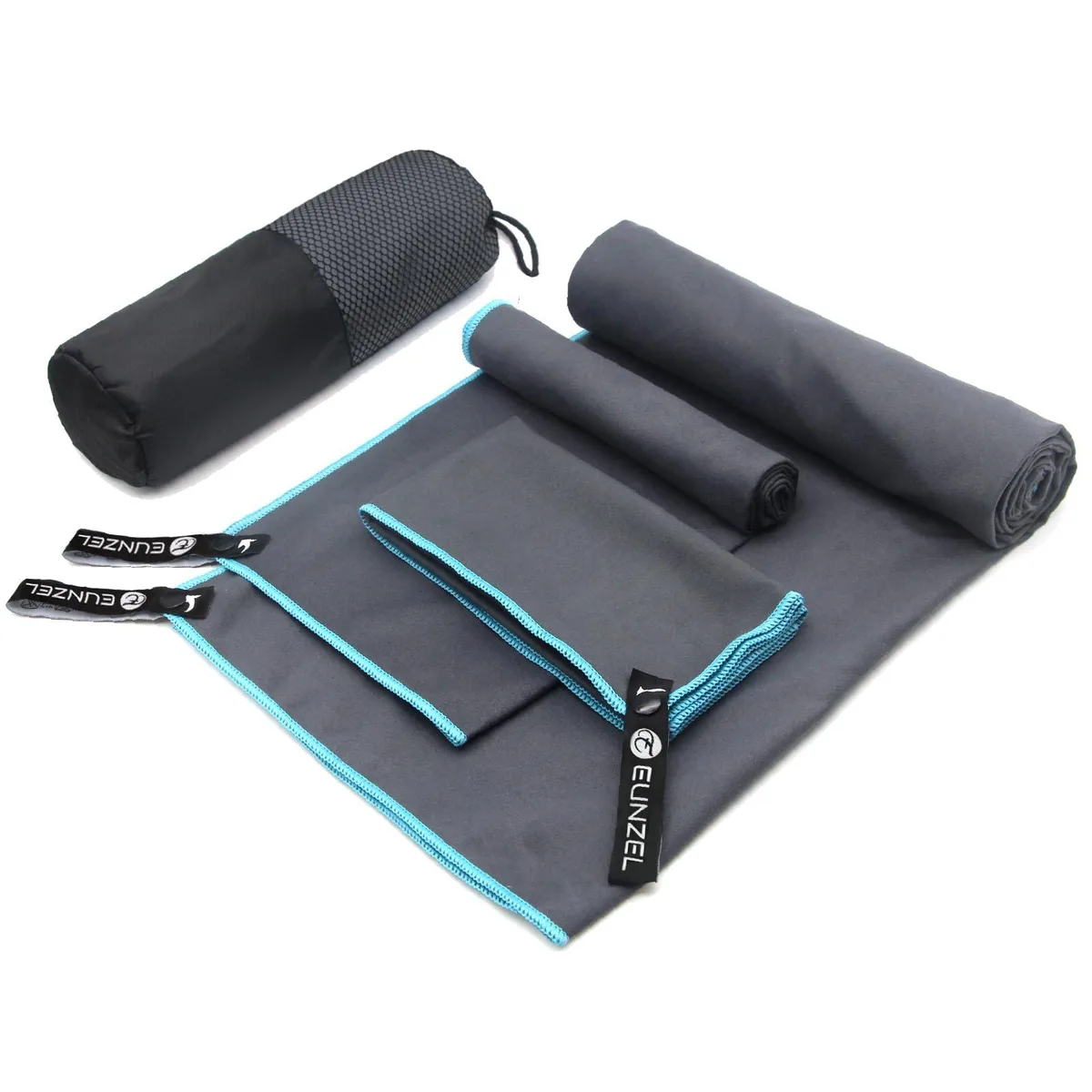 Three grey microfiber towels in sizes 15x15, 15x30 and 30x60 inches with carry bag