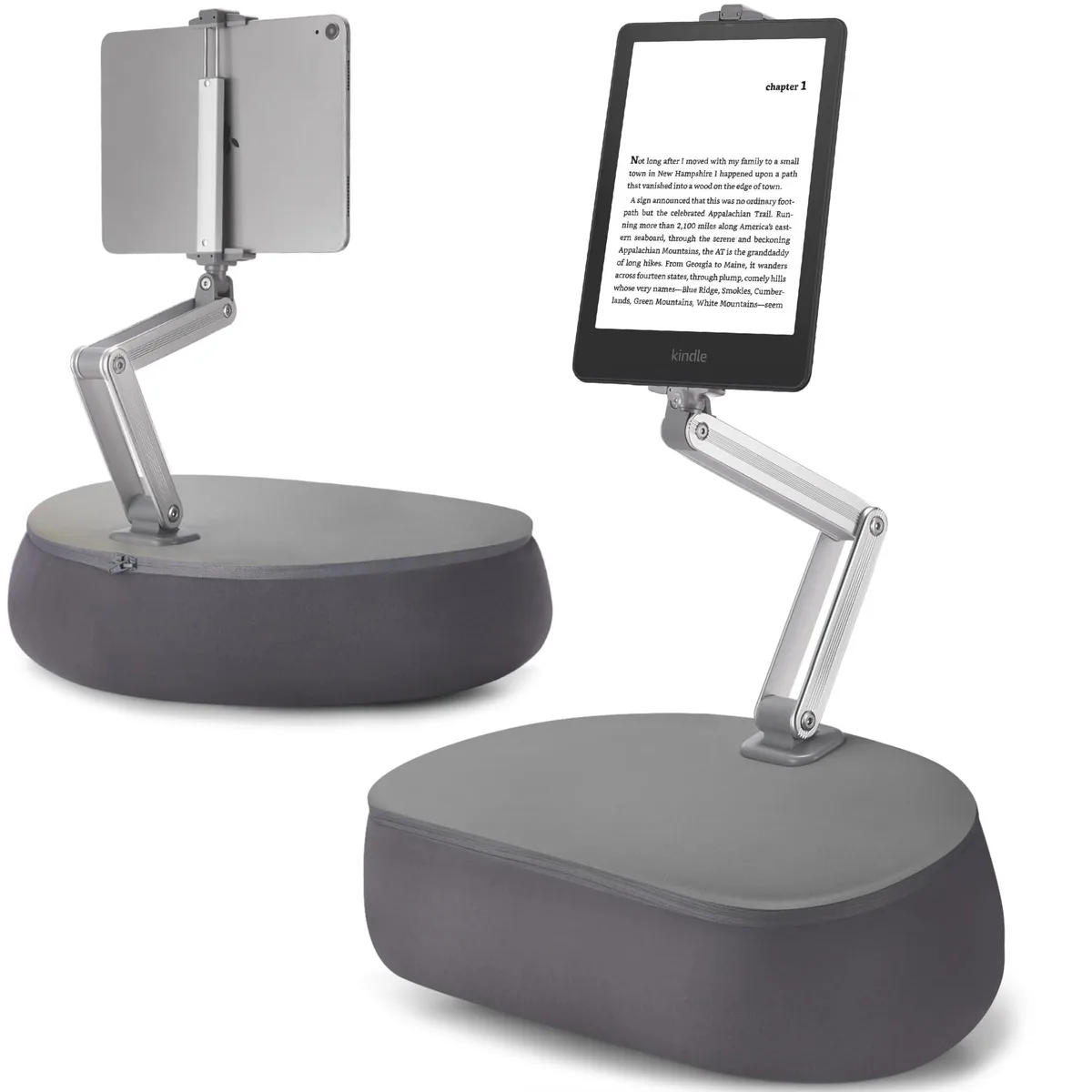 Gray tablet pillow stand with 360° adjustable holder on soft cushioned base