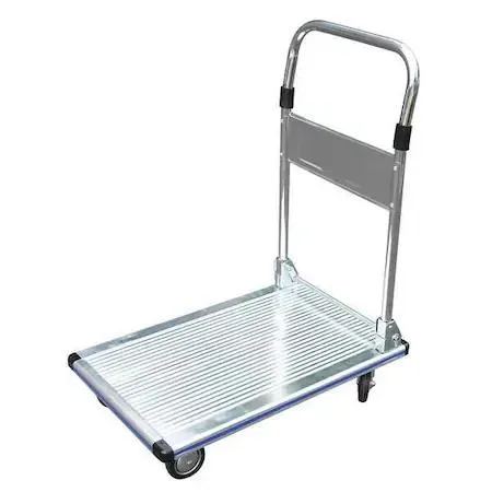 Gray aluminum platform truck with folding handle and ribbed deck