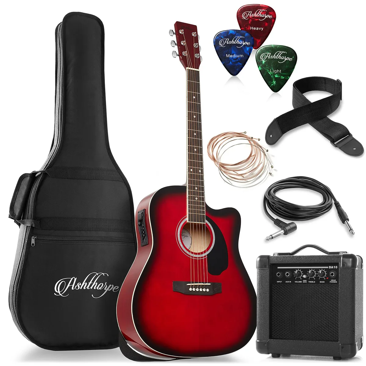 Ashthorpe Ashthorpe 41-inch dreadnought cutaway acoustic-electric guitar package with 10 watt amp red — product photo