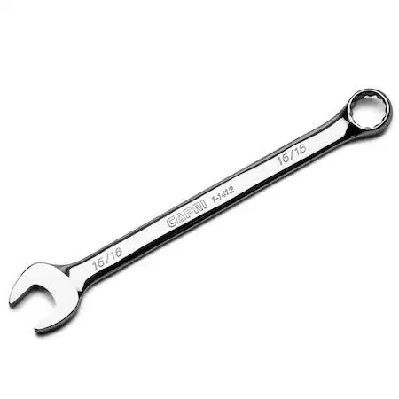 Chrome vanadium combination wrench with 12-point box end and canvas roll pouch
