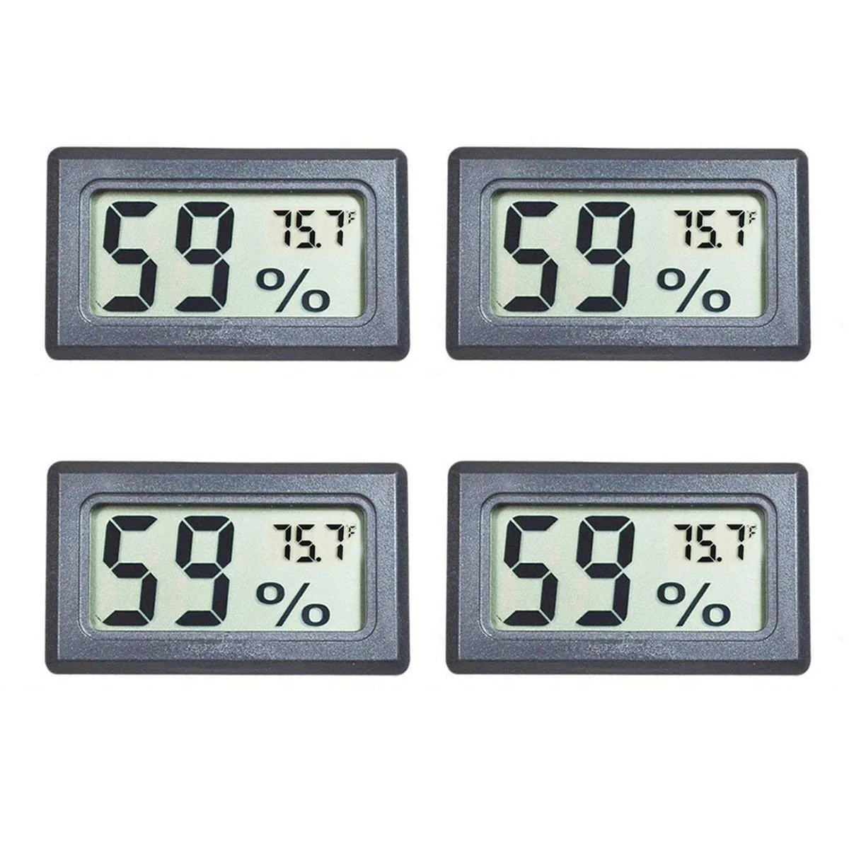 Four small black rectangular digital meters with LCD screens showing temperature and humidity readings