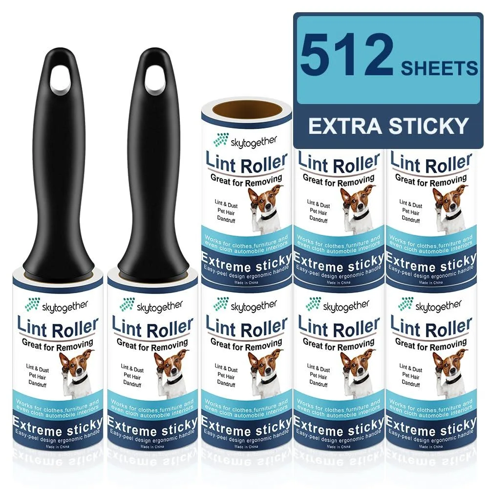 Two reusable lint roller handles with eight refill rolls, 512 sheets total