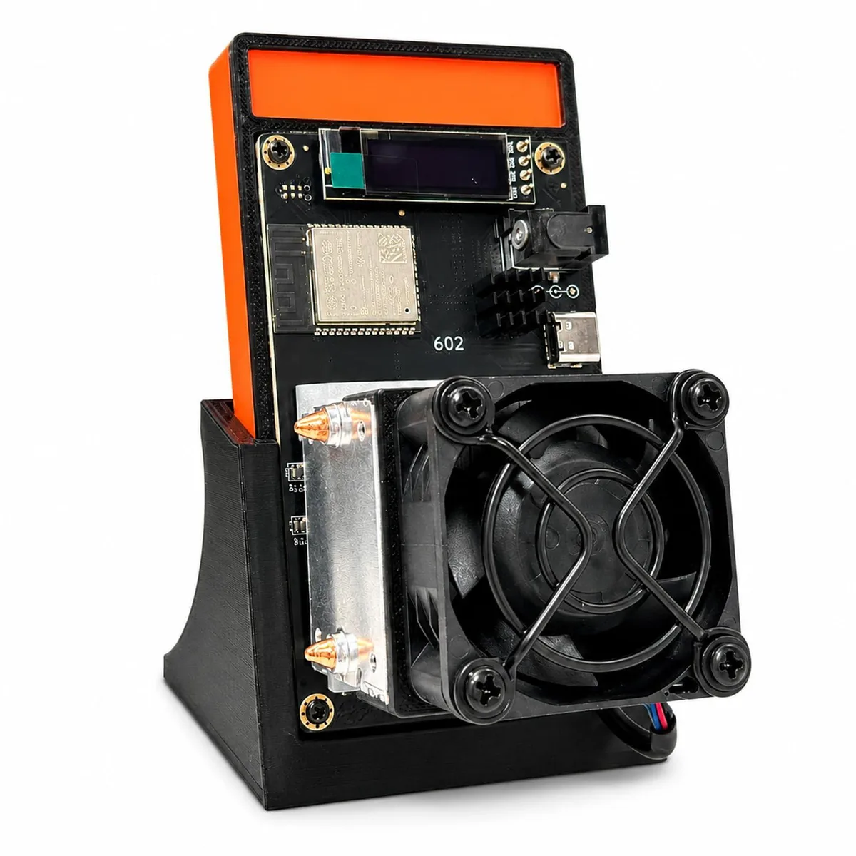 Compact orange ASIC miner on a 3D printed stand with OLED display and fan