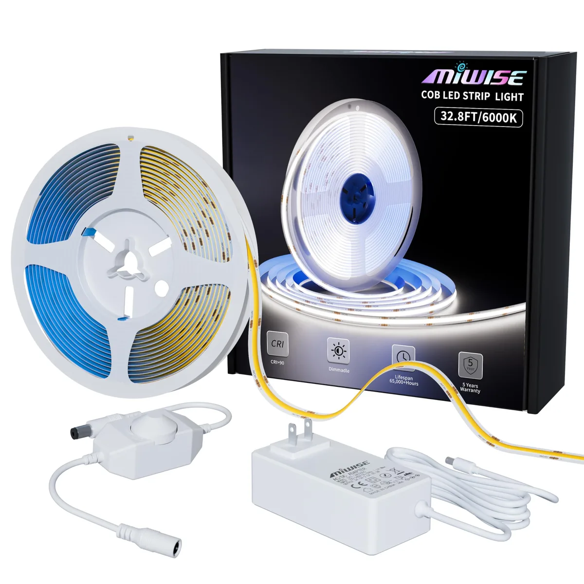White flexible COB LED strip on a 10-metre reel with controller