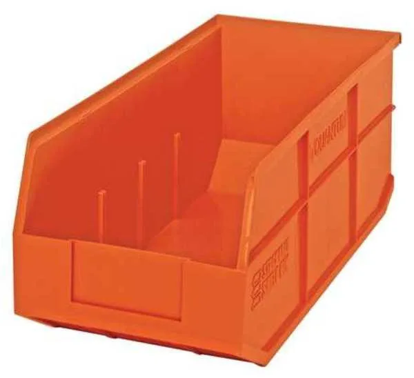 Orange plastic shelf storage bin 18 inches long 7 inches high with label holder