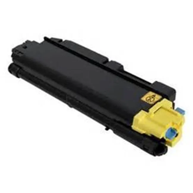 Yellow toner cartridge in rectangular plastic housing with green chip visible