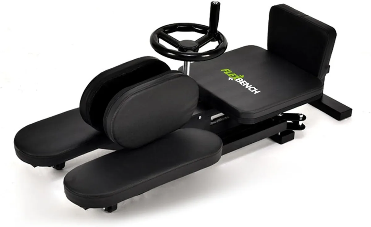 Steel-frame hip stretcher with adjustable padded seat and crank wheel