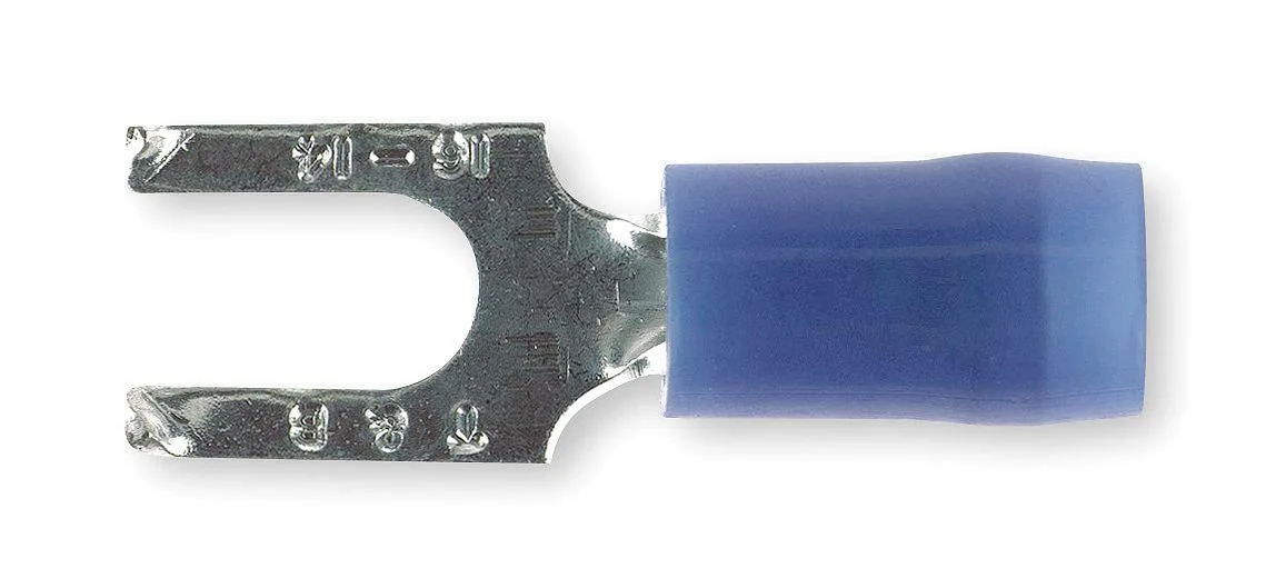 Blue nylon-insulated fork terminal for #10 stud, 14 AWG, 600 V